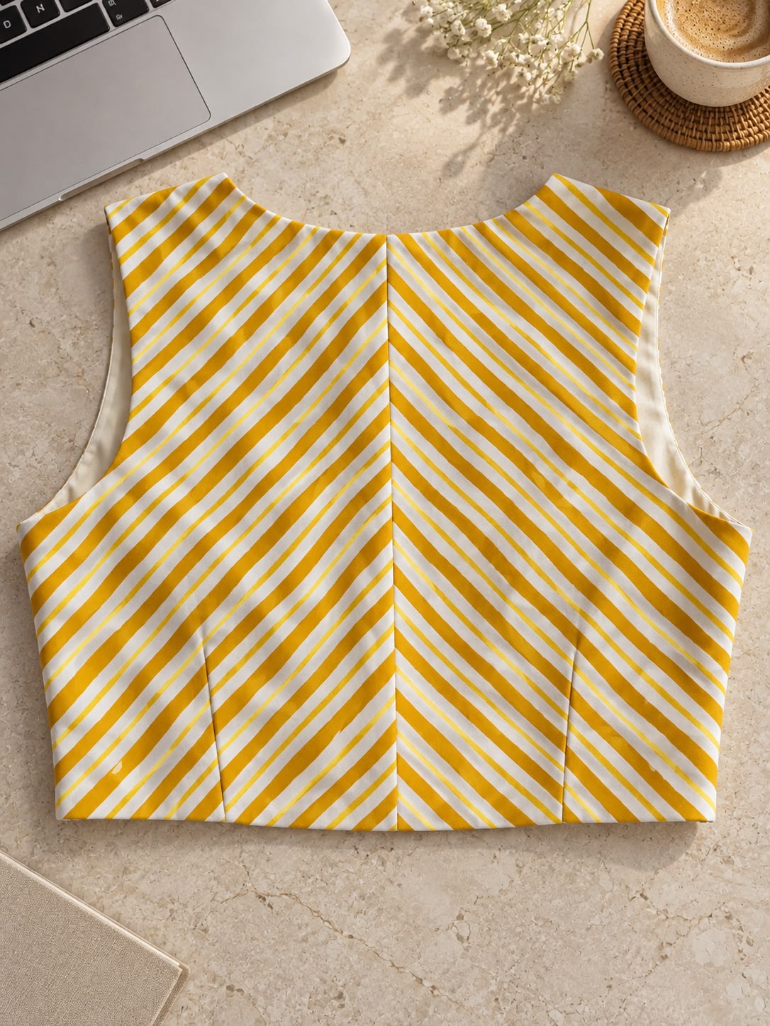 Yellow & White Lehriya Blouse-Crop Top