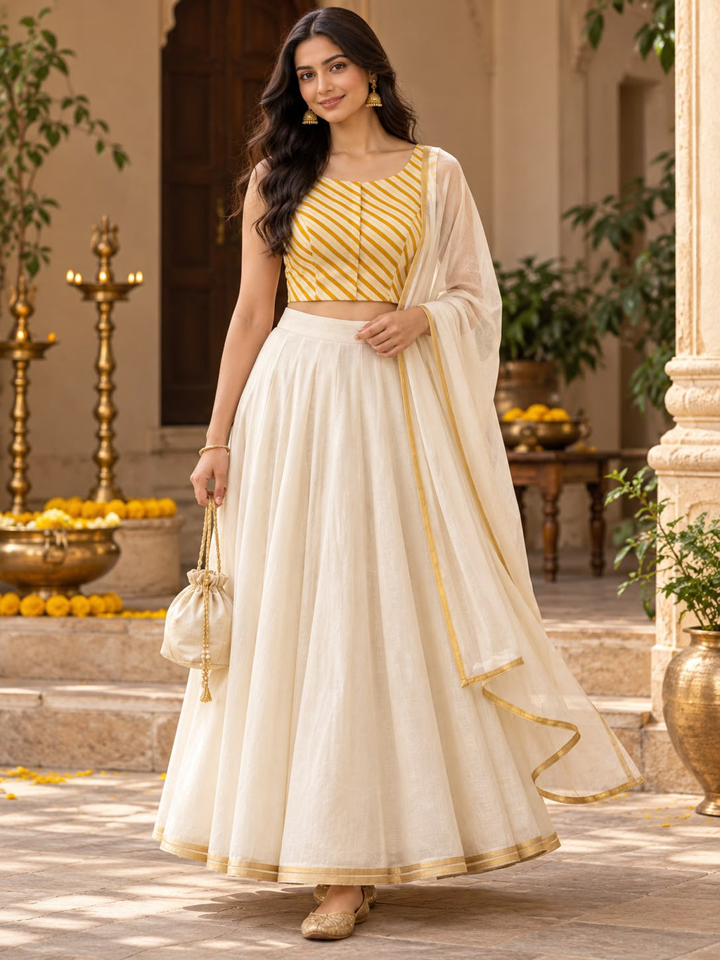 Yellow & White Lehriya Blouse-Crop Top