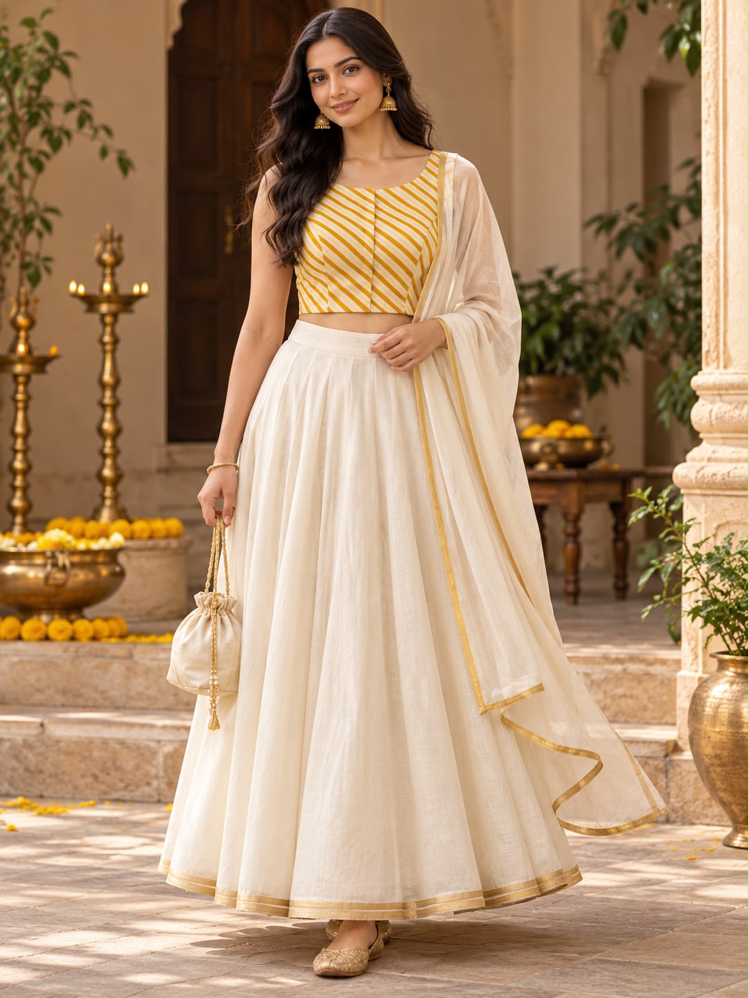 Yellow & White Lehriya Blouse-Crop Top