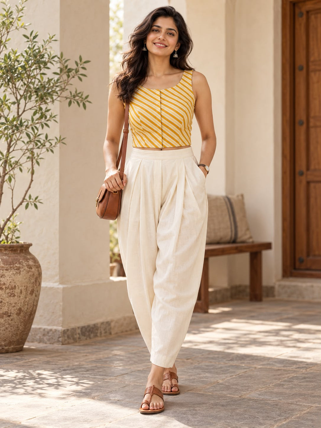 Yellow & White Lehriya Blouse-Crop Top