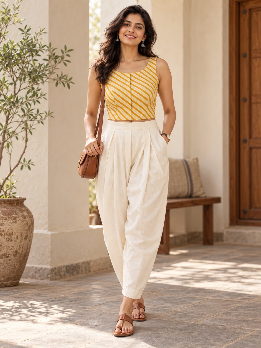 Yellow & White Lehriya Blouse-Crop Top